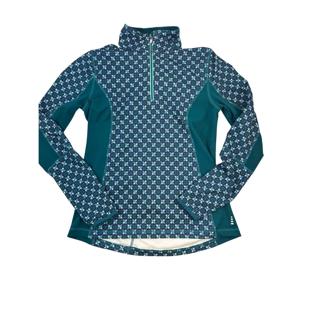 Lands End Quarter Zip Pullover Top Active Stretch Teal Geometric Women Medium